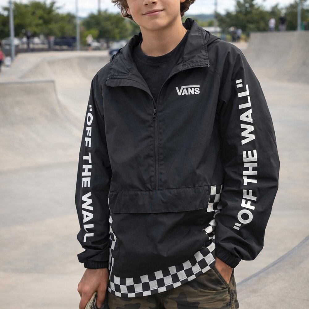Vans Off The Wall Hood Windbreaker Jacket Mens L Black Checkered Pocket 1/4 Zip